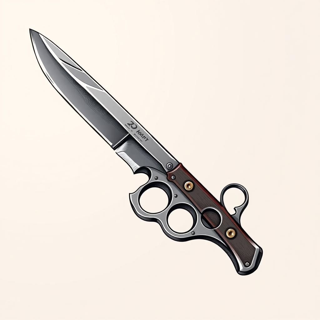 A detailed illustration of a knife with a knuckle duster, positioned at a 45-degree angle and directed to the left