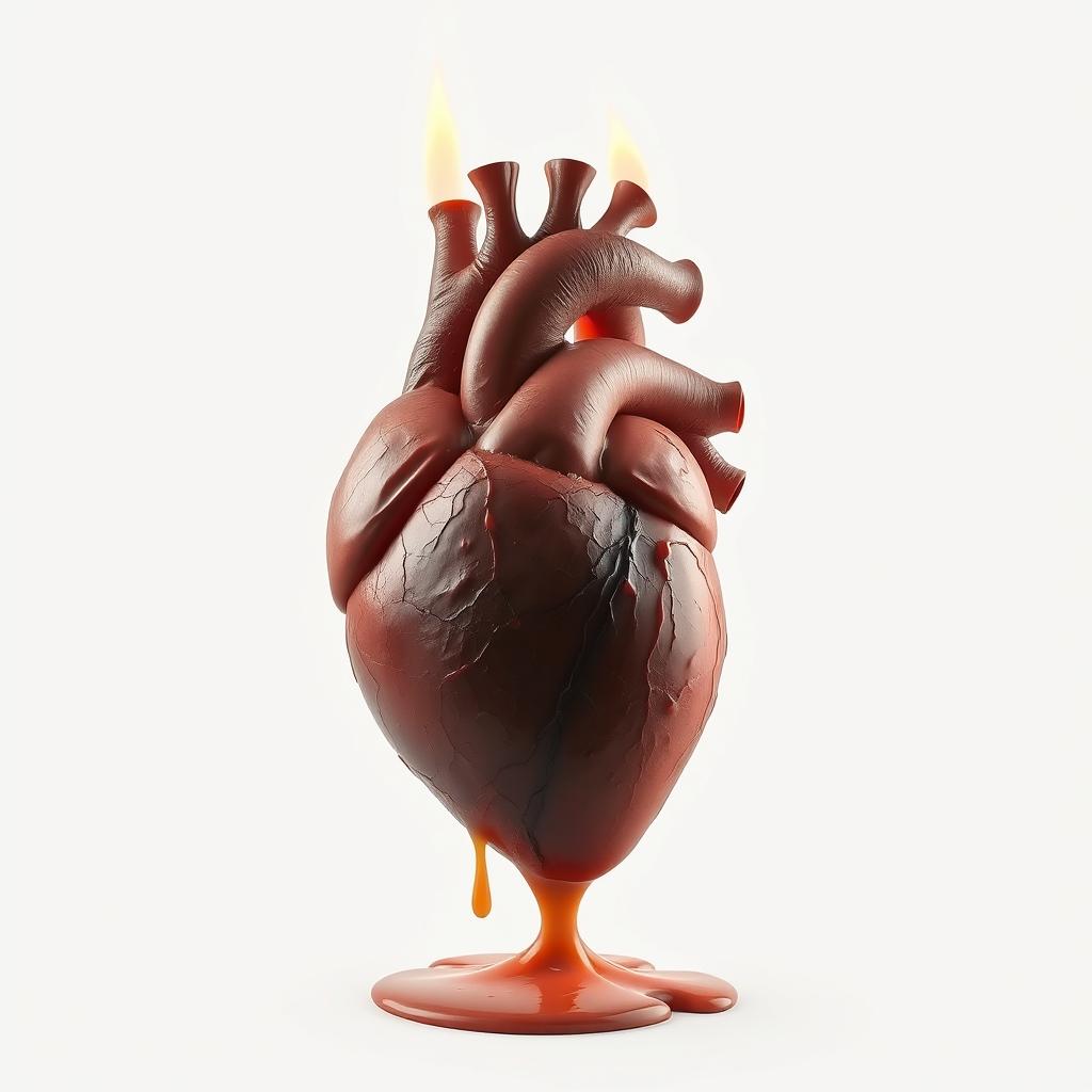 A large anatomical heart on a white background, shrouded in flames that are slowly melting it