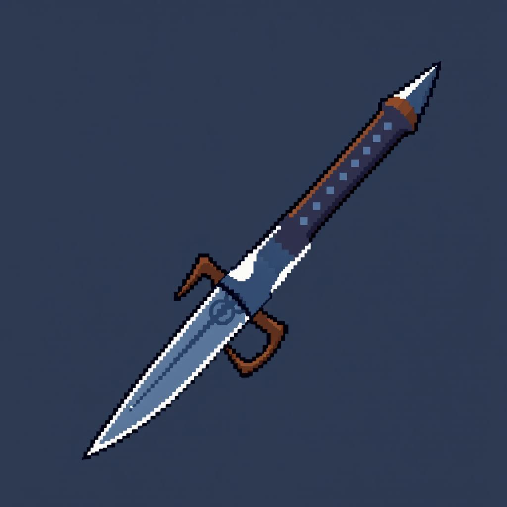 A pixel art style depiction of a knife with a knuckle guard, angled to the left