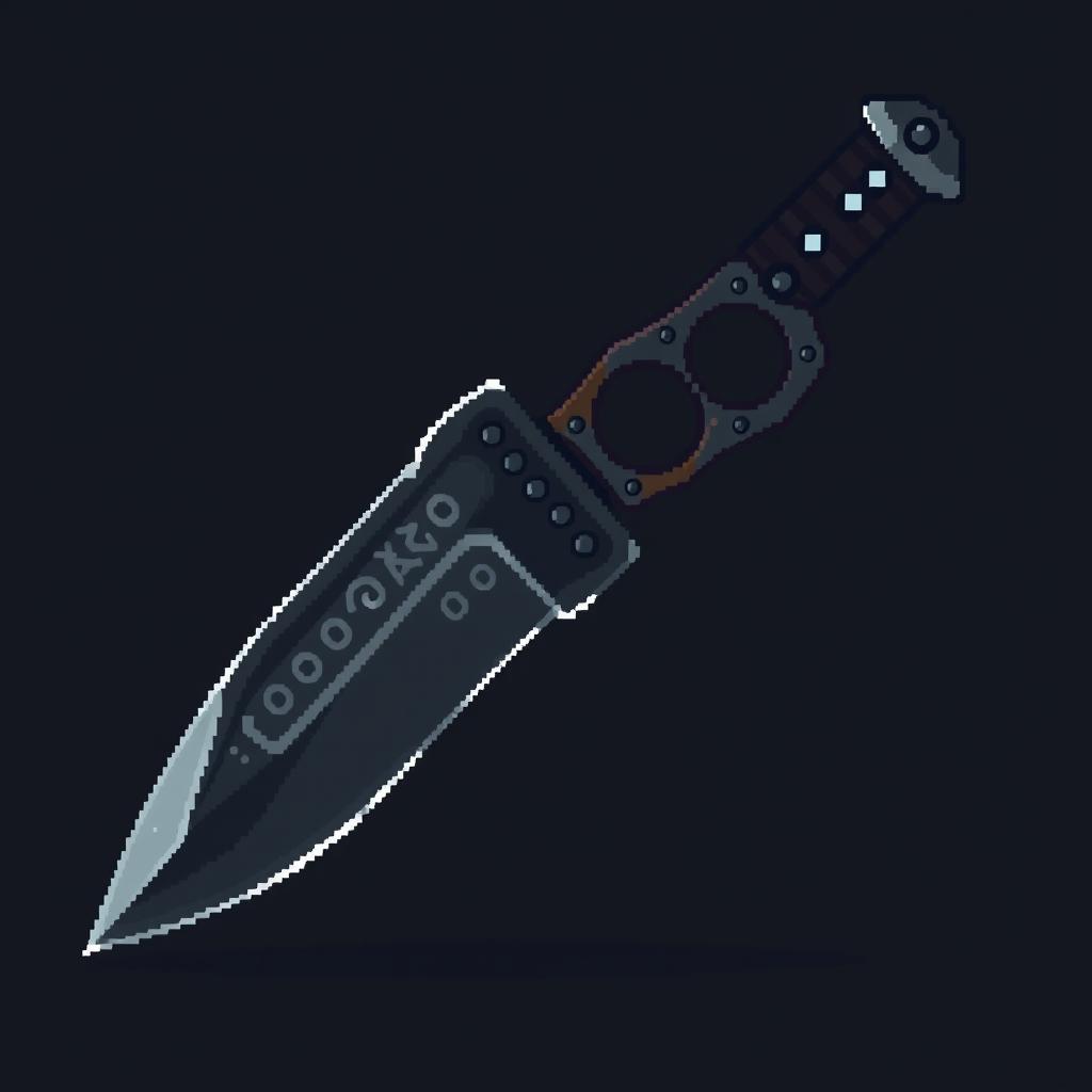 A dark and detailed pixel art style image of a knife with a knuckle duster handle, angled to the left