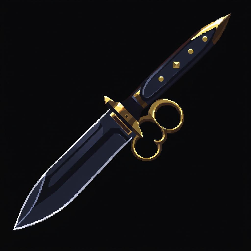 A dark and detailed pixel art style image of a knife with a knuckle duster (brass knuckles) handle, angled to the left
