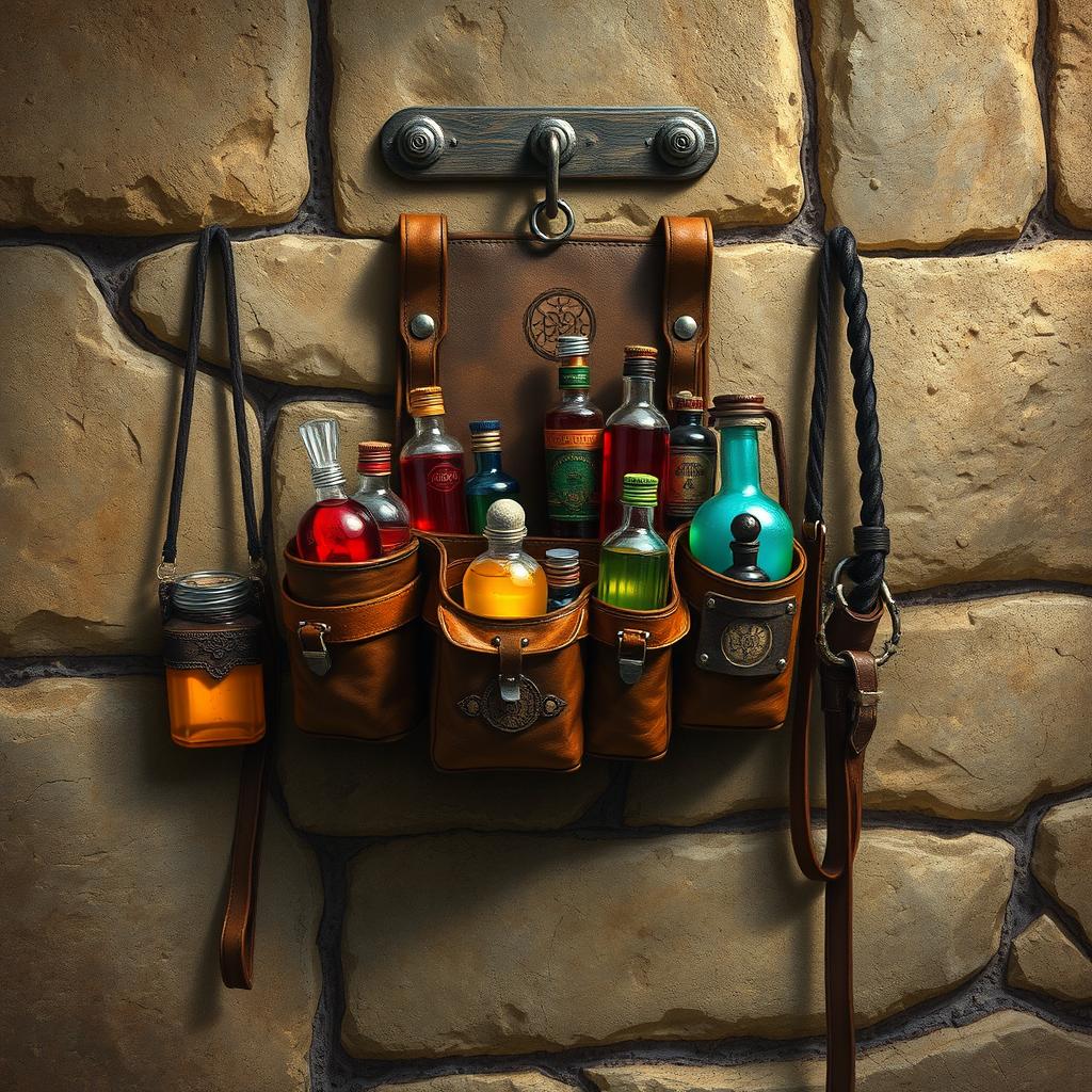 A high-resolution fantasy book cover art featuring a rugged leather utility belt hanging on a sturdy wall hook