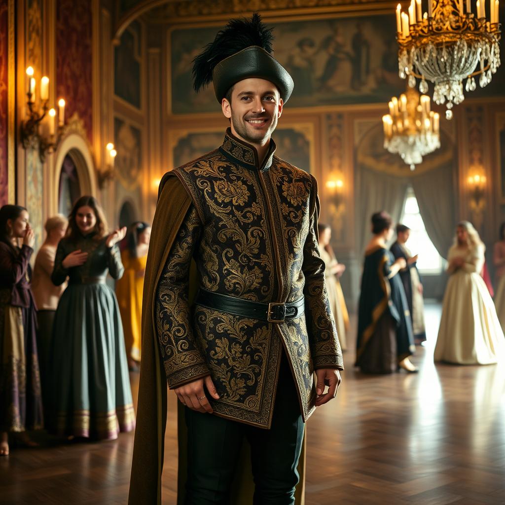 An elegant medieval courtier standing in an opulent castle ballroom, wearing a richly embroidered doublet with intricate patterns, adorned with gold and silver threads