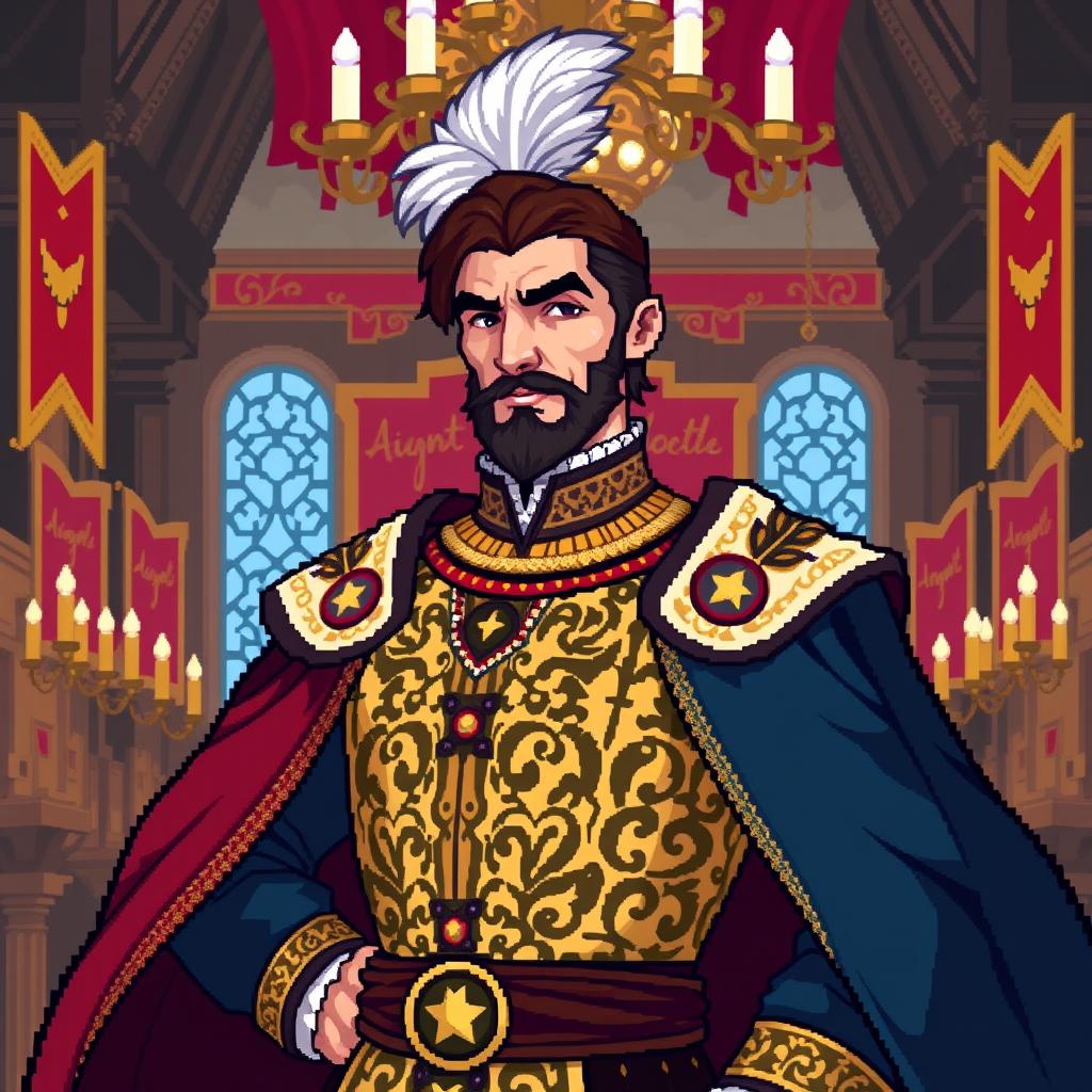 A pixel art depiction of a medieval courtier, wearing an elegantly designed tunic with intricate patterns and a flowing cape