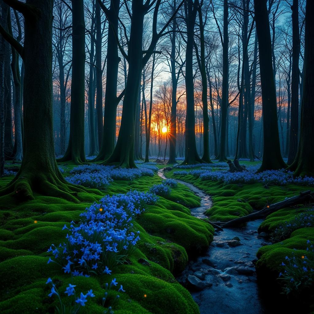 An enchanting forest at twilight, where the last rays of sunlight filter through tall, ancient trees, casting a serene glow on the carpet of lush green moss