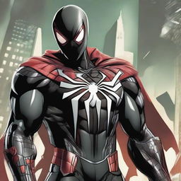 An evil variant of Spider-Man, kitted out in a black armored suit, emblazoned with a large red spider logo on the chest. The suit features four menacing red eyes, a red hood, and a flowing cape crafted from white webbing.