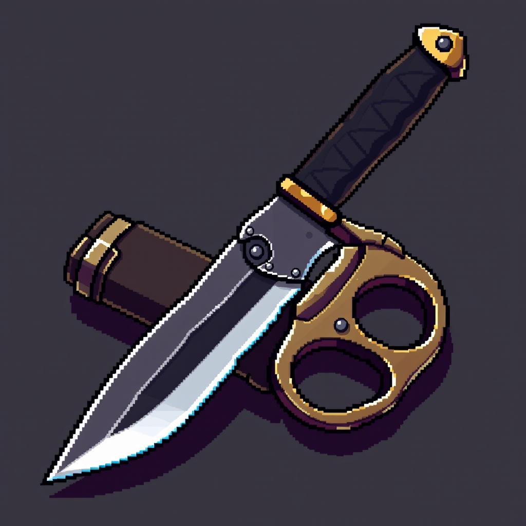 A pixel art depiction of a military knife with brass knuckles (knuckle duster), showcasing intricate details such as the blade's serration and the metallic sheen of the knuckles