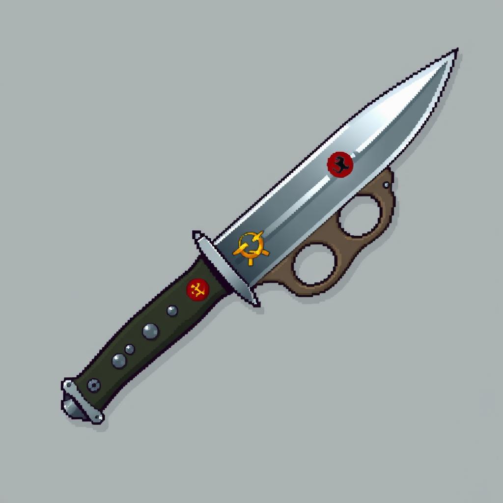 A highly detailed pixel art representation of a military knife with brass knuckles (knuckle duster), designed in a realistic Soviet style