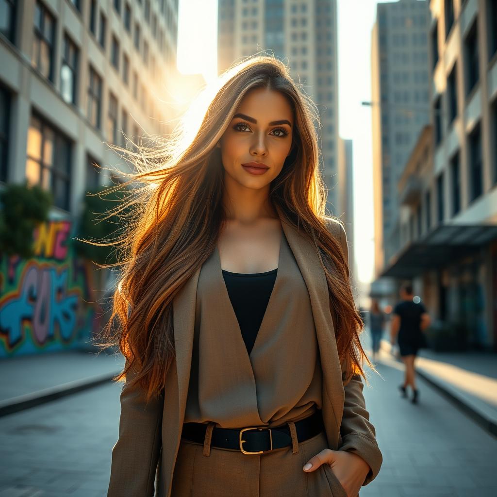 A beautiful woman with long flowing brown hair, dressed in a stylish outfit, standing confidently in an urban environment