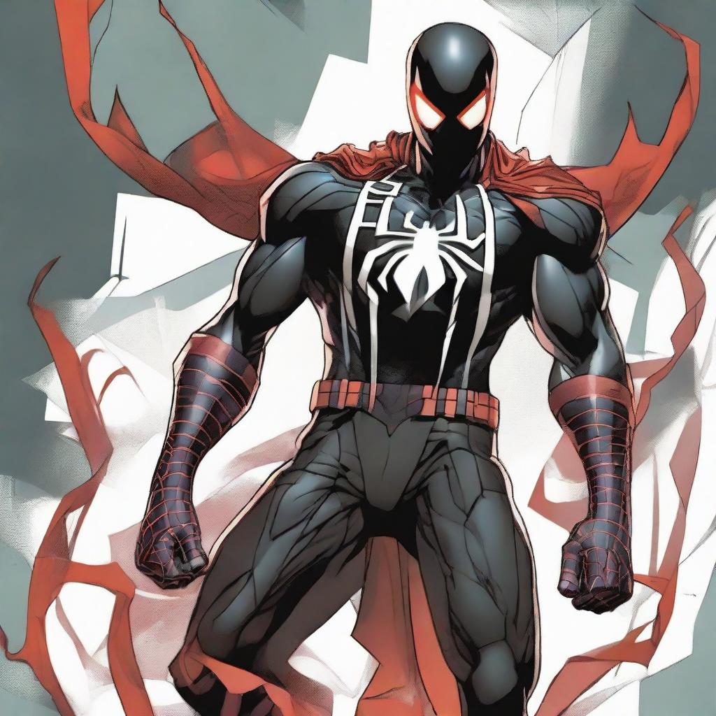 An evil variant of Spider-Man, kitted out in a black armored suit, emblazoned with a large red spider logo on the chest. The suit features four menacing red eyes, a red hood, and a flowing cape crafted from white webbing.