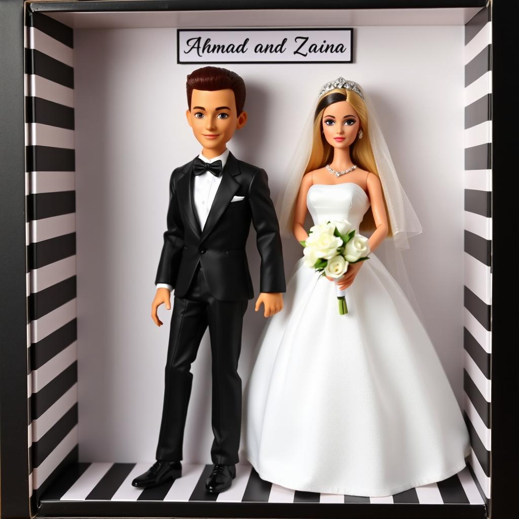 Two realistic Barbie-style action figures displayed in a black and white vertical striped box, featuring a bride and groom