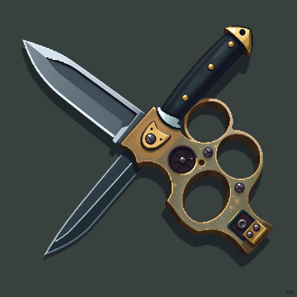 A realistic and highly detailed pixel art representation of a military knife with brass knuckles (knuckle duster), designed in a 48x48 pixel format