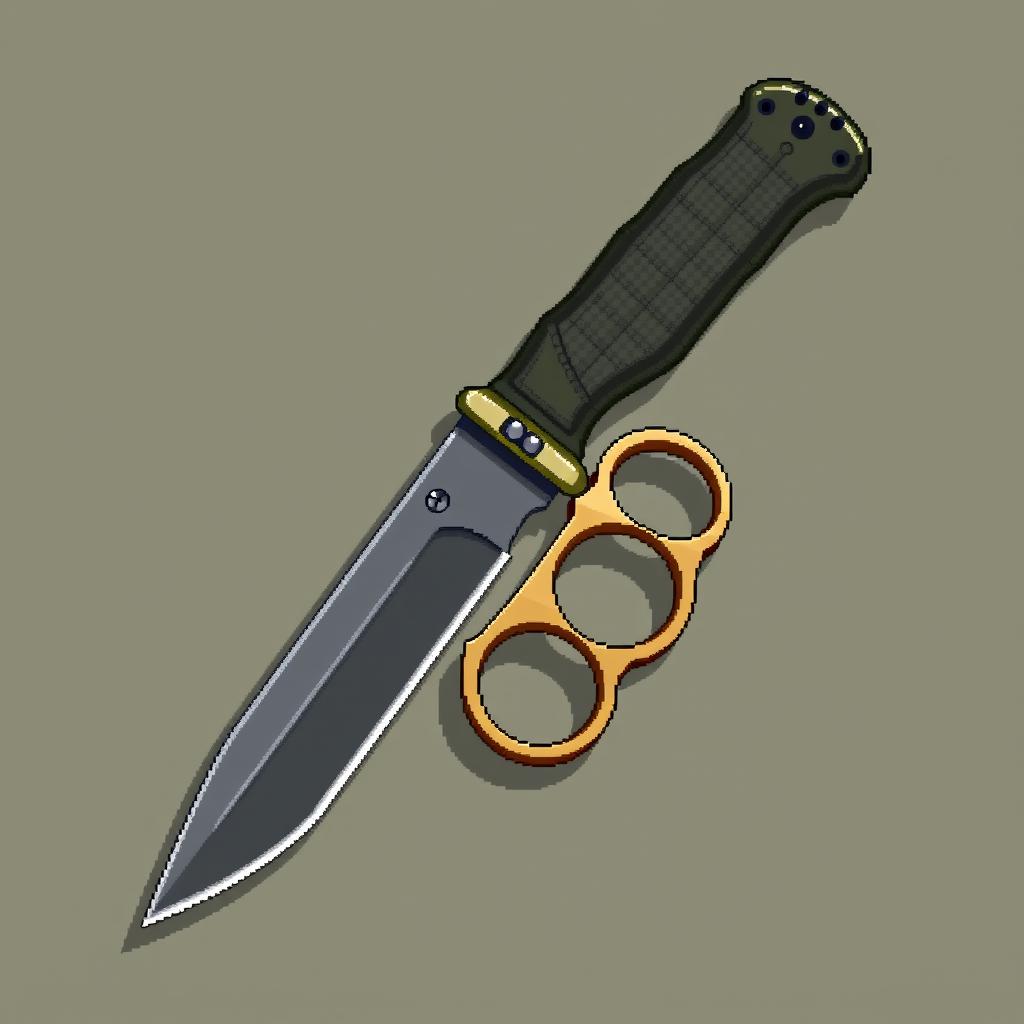 A realistic and highly detailed pixel art representation of a military knife featuring a knuckle duster (brass knuckles) integrated into the handle