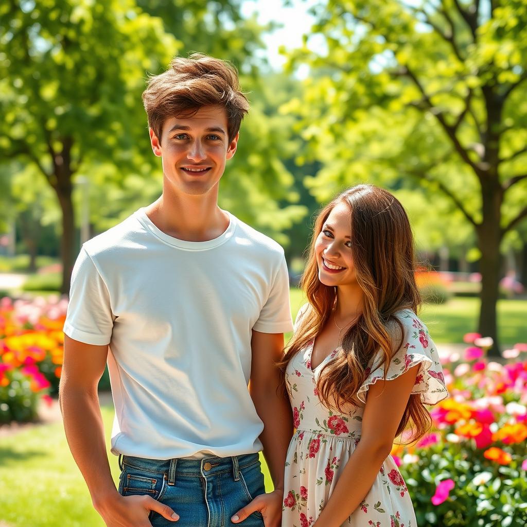 A young man with tousled dark hair and striking blue eyes stands in a sunny outdoor park, wearing a casual white t-shirt and fitted jeans that accentuate his athletic build