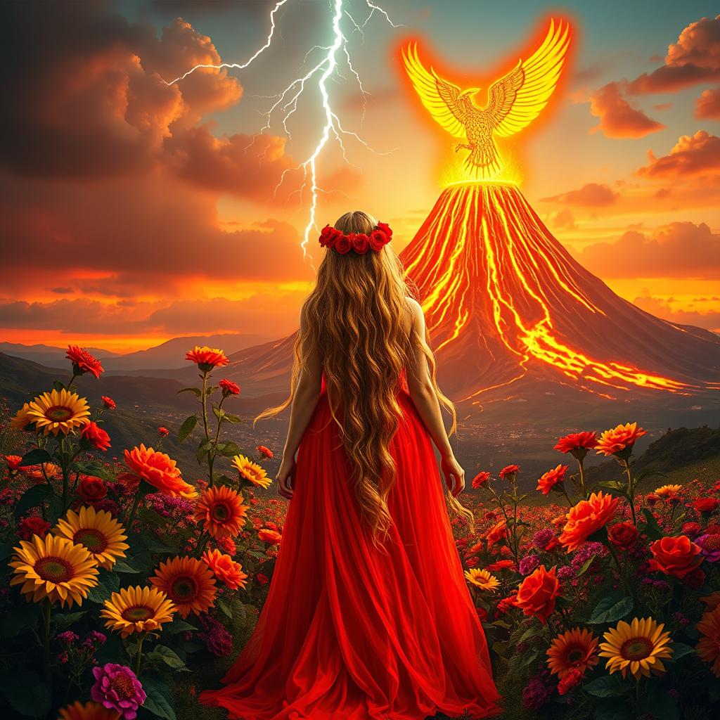 A fairy-like woman wearing a long, flowing red dress, with long golden hair adorned with sunflowers and red roses