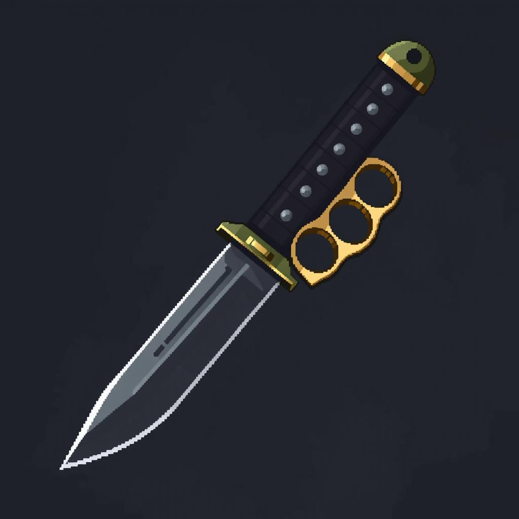A realistic and dark-themed pixel art depiction of a military knife featuring brass knuckles (knuckle duster) integrated into the handle, crafted in a 48x48 pixel format