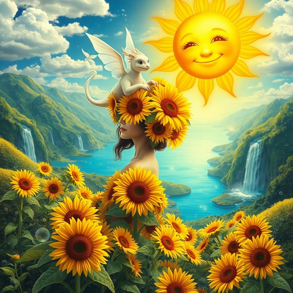 A whimsical fantasy summer landscape teeming with vibrant sunflowers and sparkling water bubbles