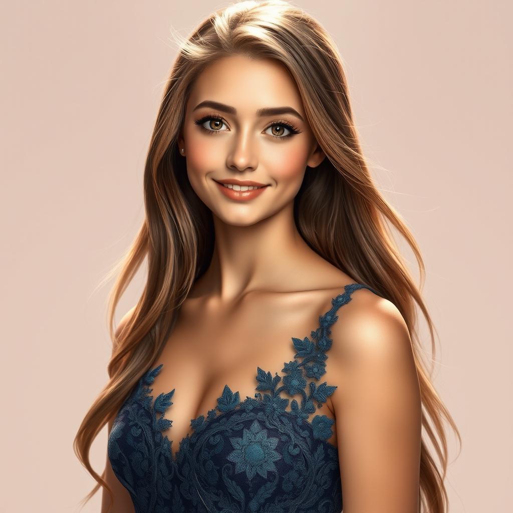 A beautiful and realistic portrait of a young woman with long flowing hair, wearing a stunning evening gown with intricate lace detailing