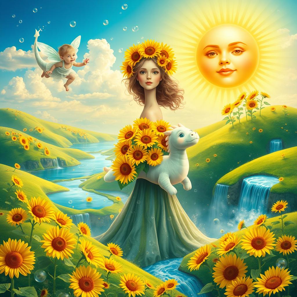 A vibrant and whimsical fantasy landscape in the summer, filled with bright sunflowers and sparkling water bubbles