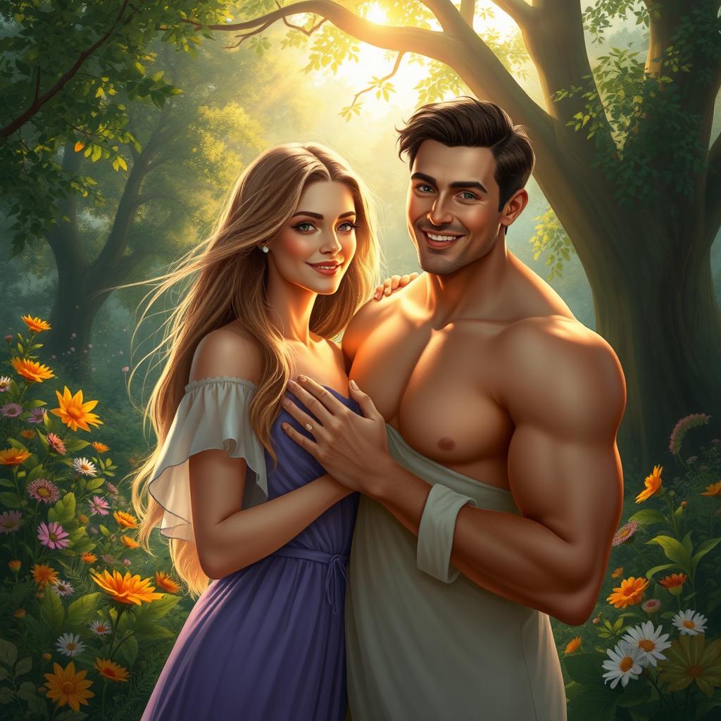 A stunning digital painting featuring a beautiful woman gently touching a handsome man's chest in an idyllic natural setting