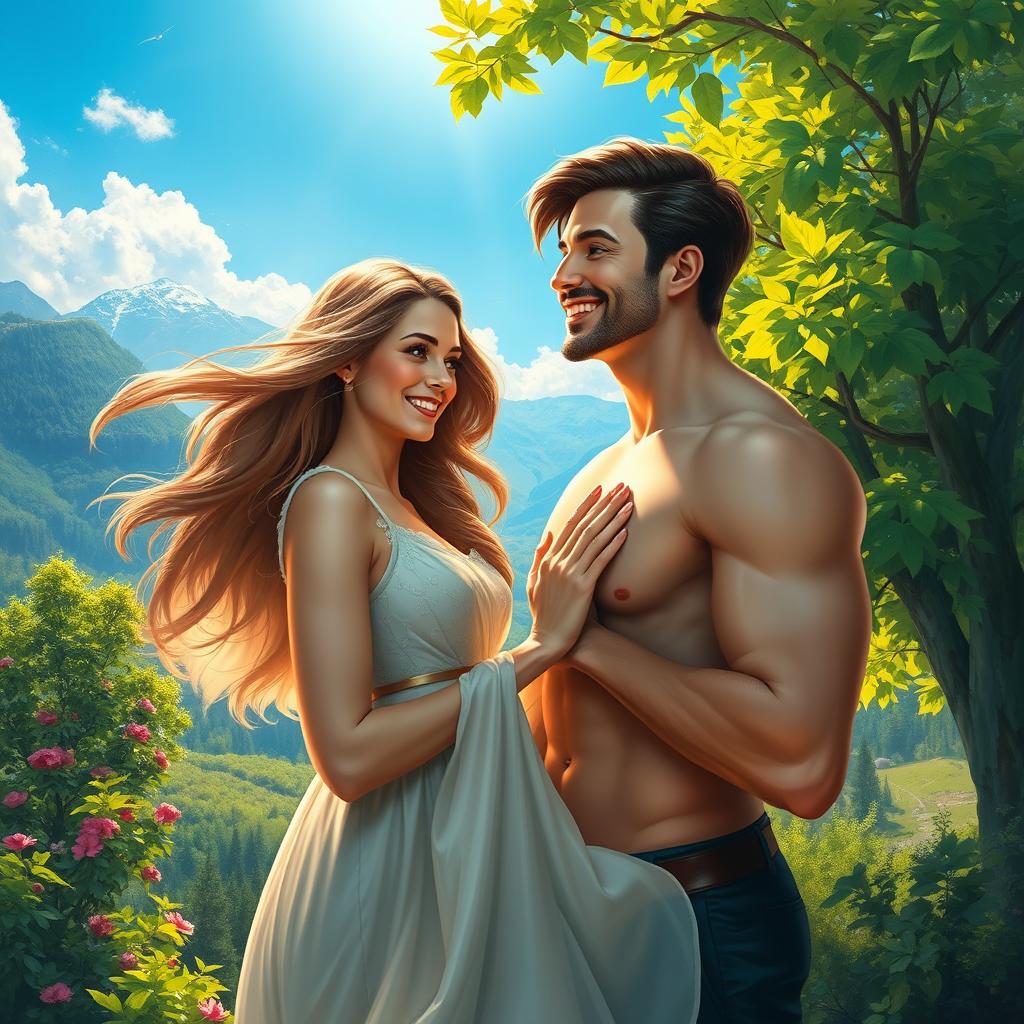 A stunning digital painting featuring a beautiful woman gently touching the chest of a handsome man, set in a breathtaking natural landscape