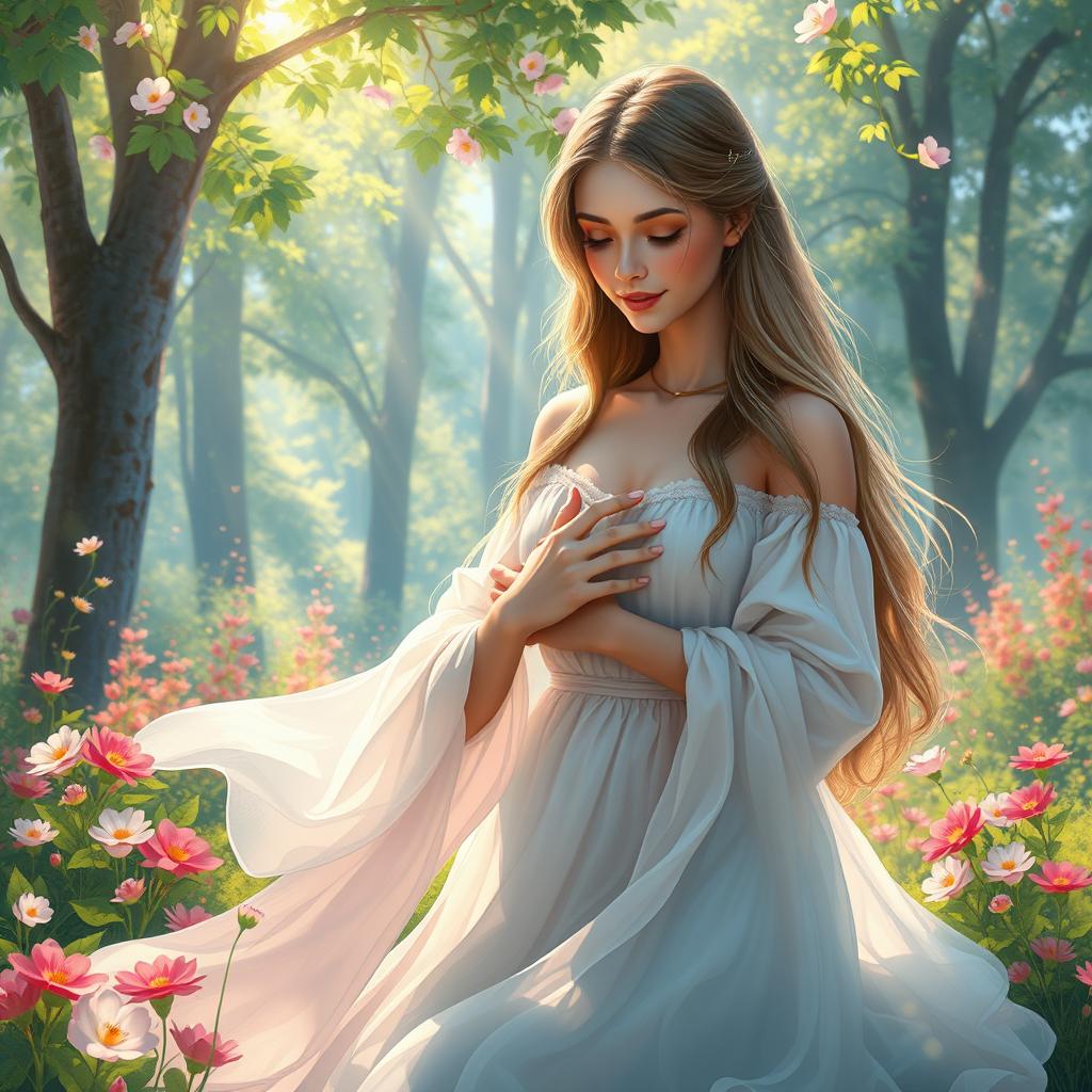 A beautiful digital painting art depicting a serene scene where a beautiful woman gently touches a boy's chest in a lush, vibrant nature setting