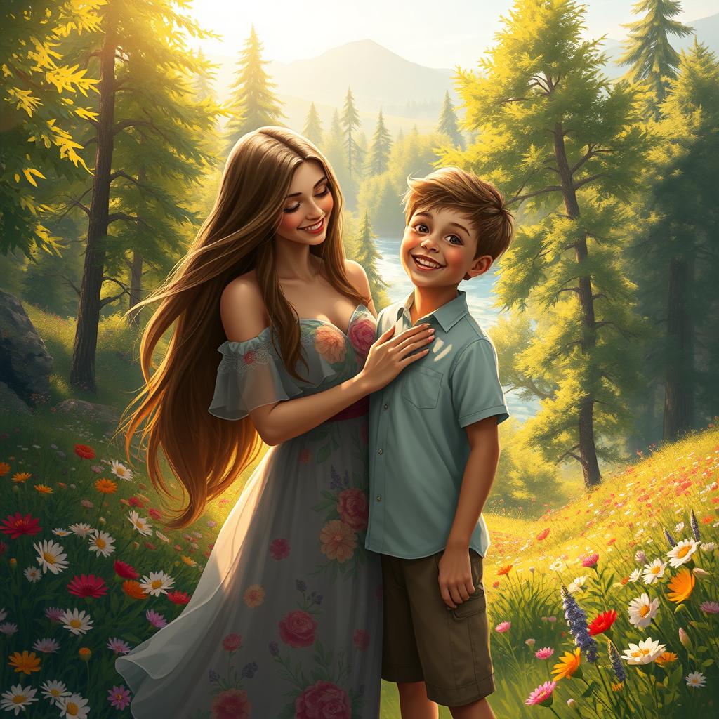 A beautiful digital painting of a woman with long flowing hair and a serene smile, gently touching a boy's chest, set in a vibrant and lush natural landscape filled with colorful flowers and tall green trees