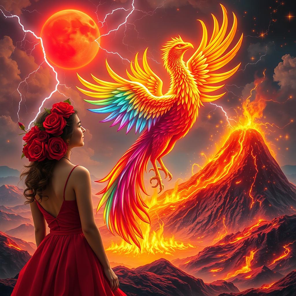 A vibrant and neon-colored rainbow Phoenix arising majestically from a golden volcano, surrounded by a fairy landscape filled with fire flames and neon golden lava