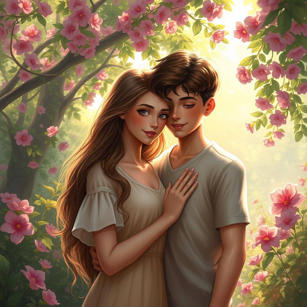 A stunning digital painting of a beautiful girl gently touching a boy's chest in a lush, vibrant natural setting
