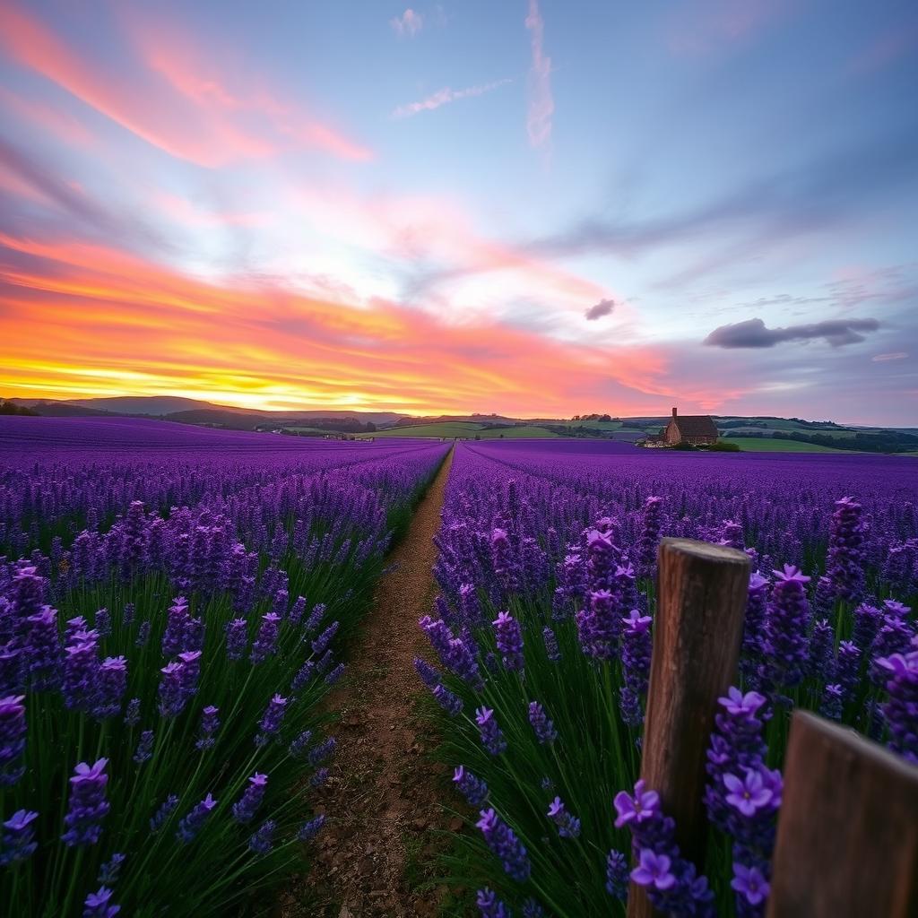 A majestic landscape of a sprawling lavender field during sunset, with vibrant purple flowers stretching towards the horizon under a brilliant orange and pink sky