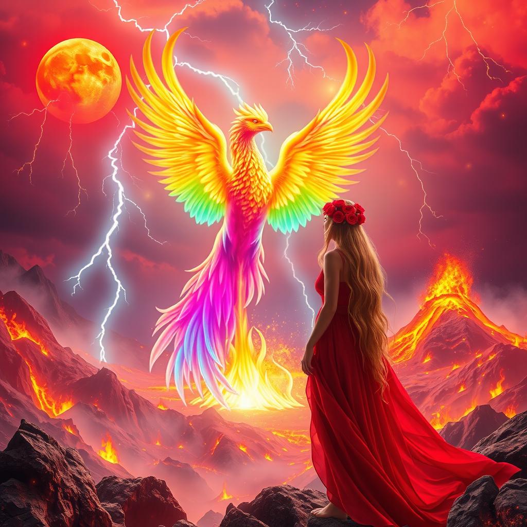 A vibrant and neon rainbow colored Phoenix arising majestically from a golden volcano, surrounded by a fairy-like landscape filled with fire flames and neon golden lava
