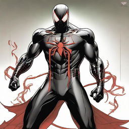 An evil variant of Spider-Man, kitted out in a black armored suit, emblazoned with a large red spider logo on the chest. The suit features four menacing red eyes, a red hood, and a flowing cape crafted from white webbing.