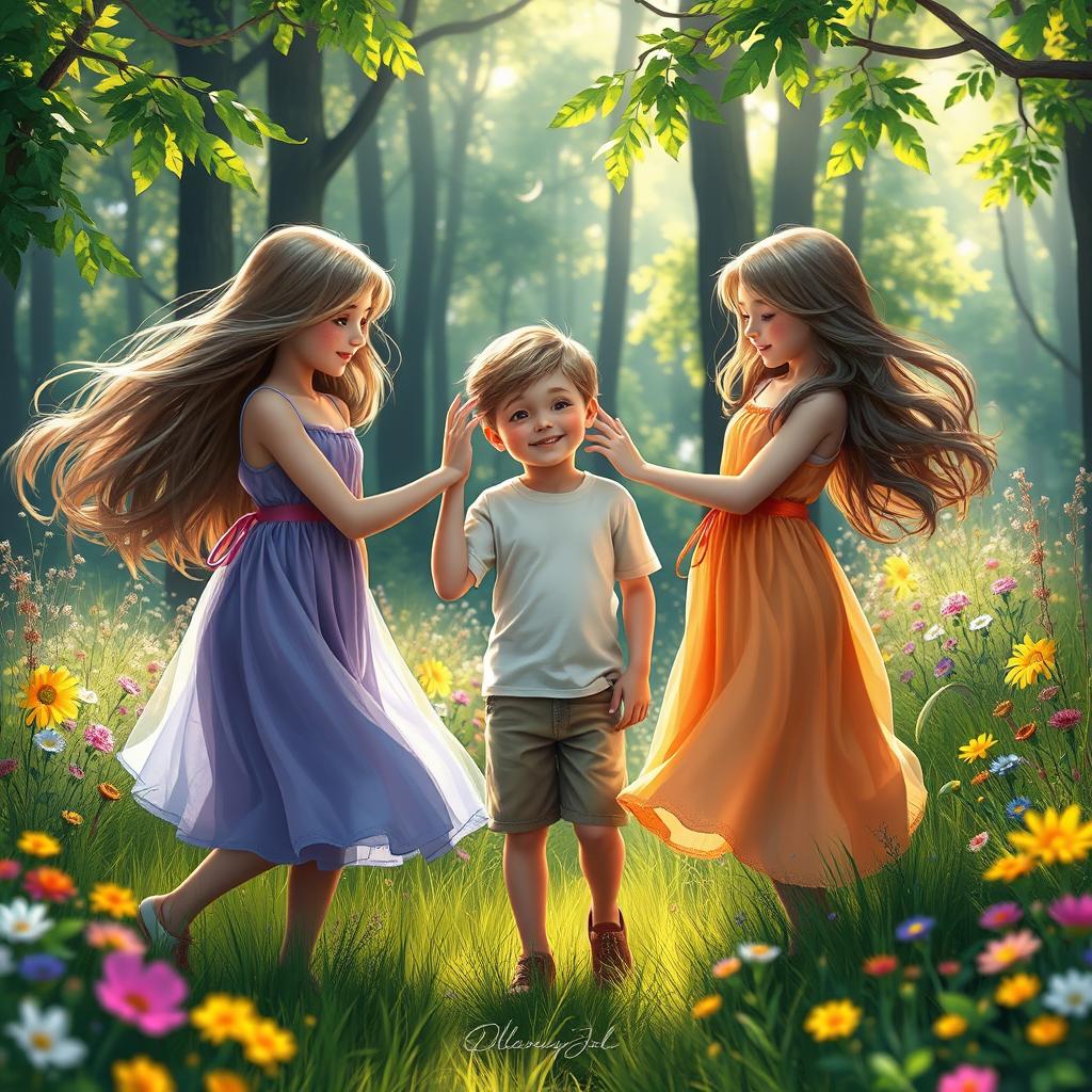 A stunning digital art scene depicting two beautiful girls playfully touching a boy in a picturesque natural setting