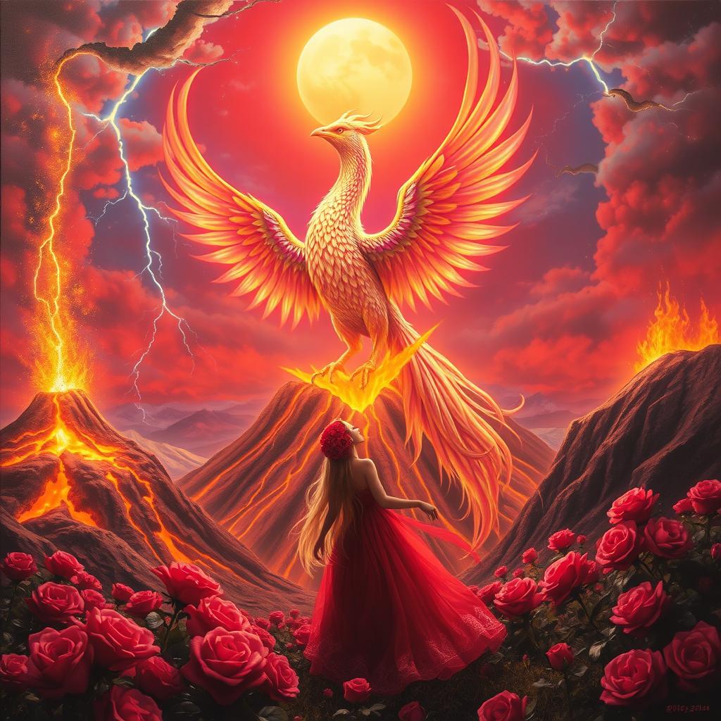 A vibrant and neon rainbow-colored Phoenix rising majestically from a golden volcano, surrounded by a surreal fairy landscape