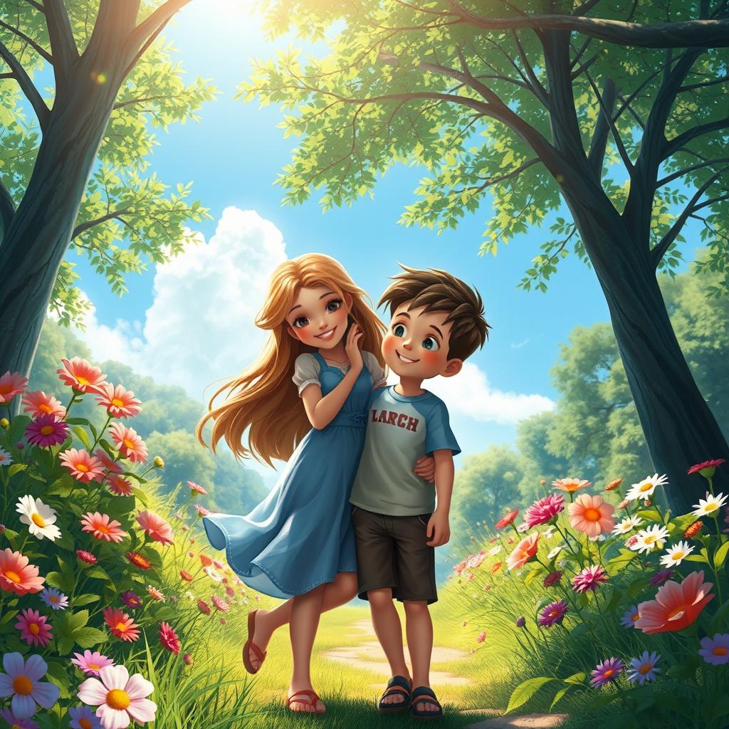 A stunning digital artwork depicting a beautiful girl gently touching a boy in a picturesque natural setting