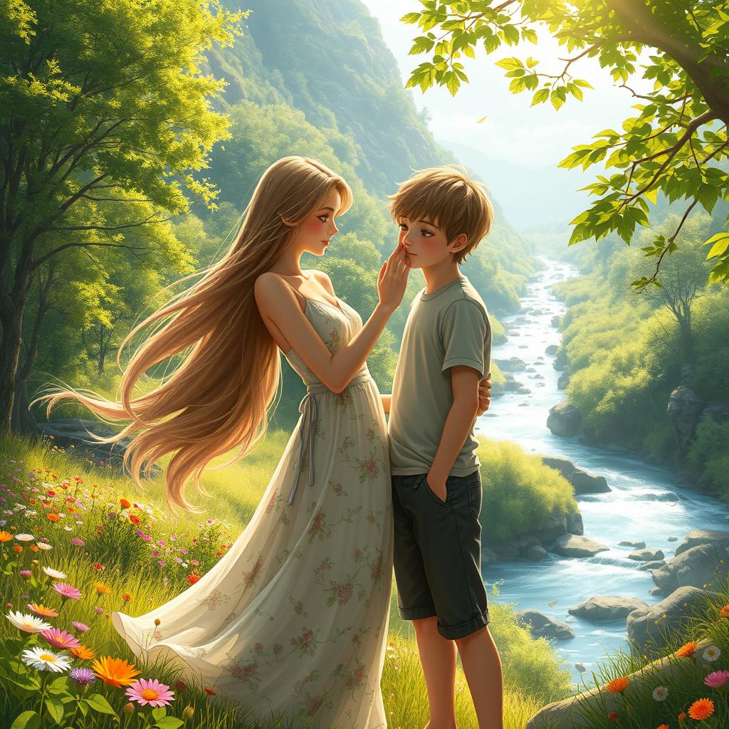 A picturesque digital art scene depicting a stunning girl gently touching a boy amidst a breathtaking natural landscape