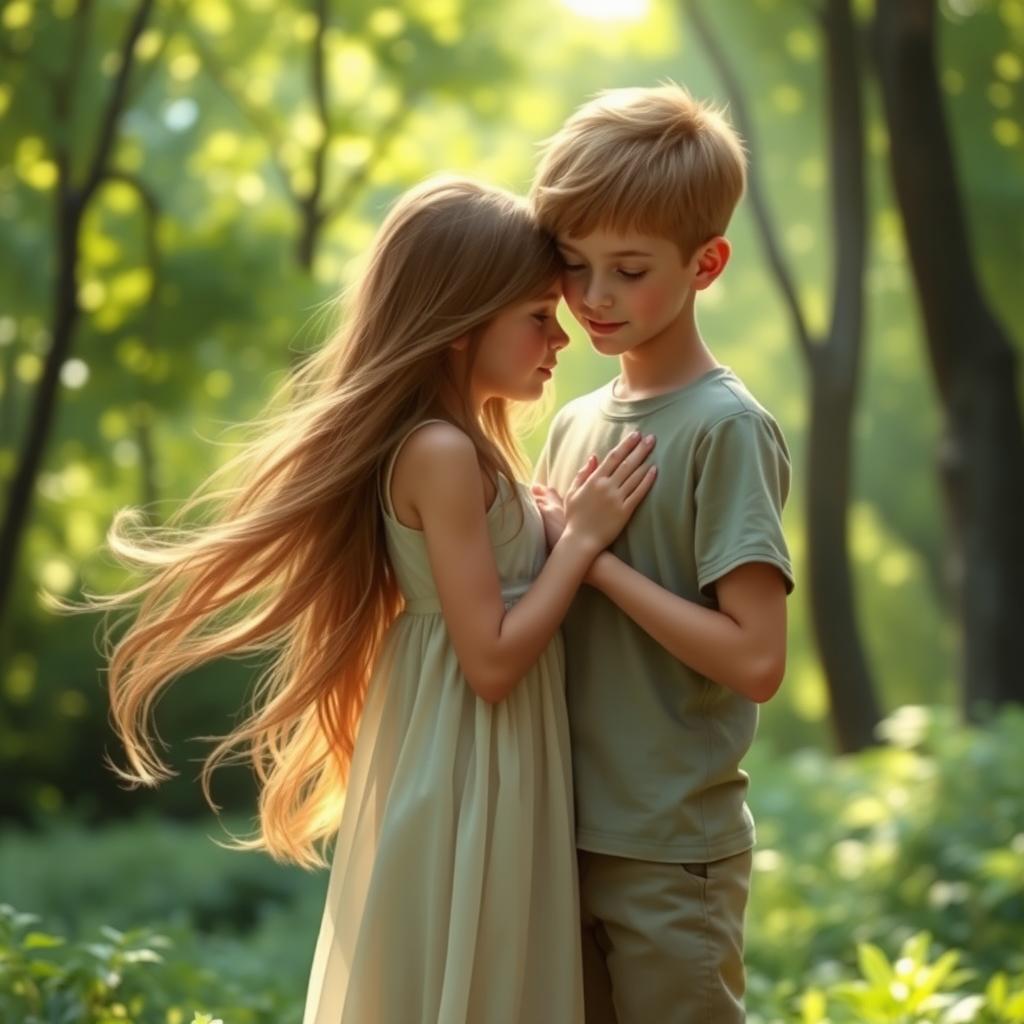 A beautiful girl with long flowing hair gently touching a boy's chest in a serene natural setting