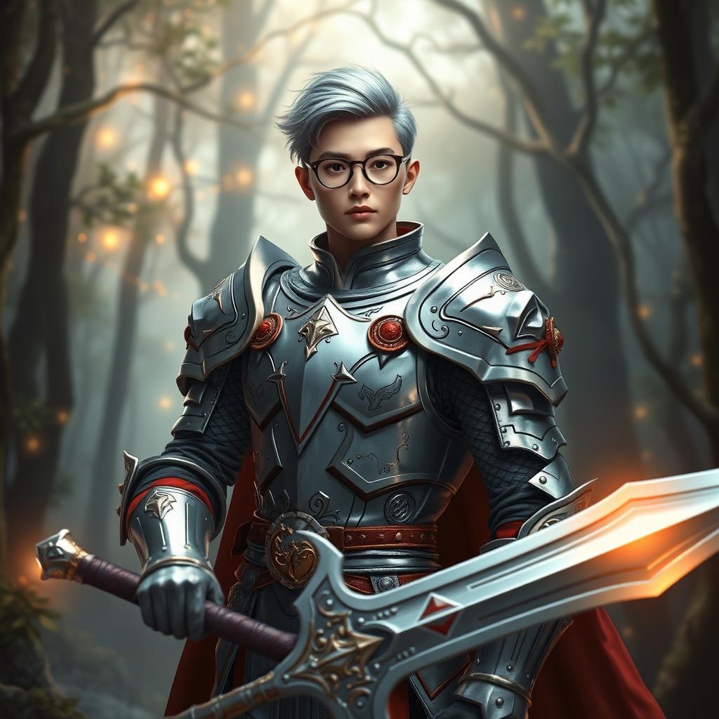 A fantasy human character wearing elegant silver plate armor adorned with striking red and gold accents