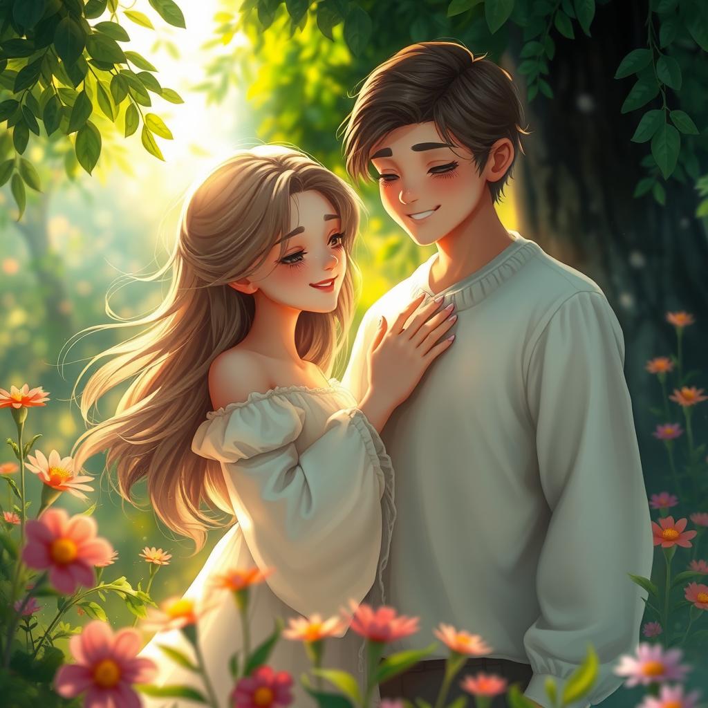 A captivating digital artwork featuring a beautiful girl gently touching a boy's chest in a serene natural setting