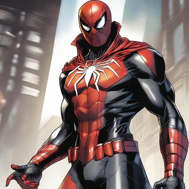 Depict an evil version of Spider-Man dressed in a black armored suit, sporting a large red spider insignia on the chest, red hood, four red eyes, a white web-made cape and spade-shaped bracelets.