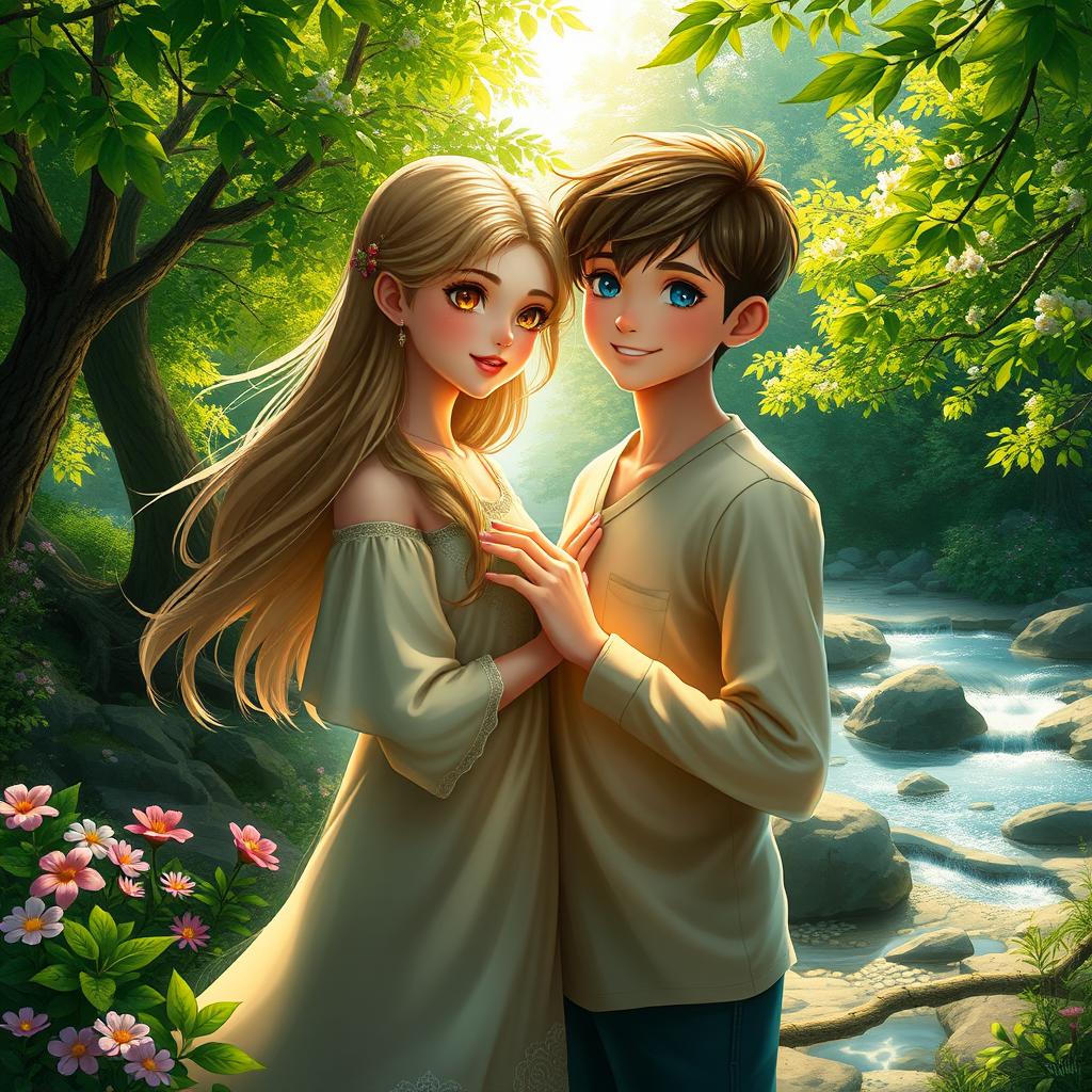 A stunning digital artwork depicting a beautiful girl gently touching a boy's chest in an enchanting natural setting