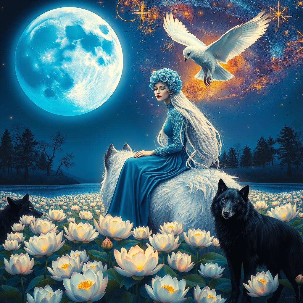 A vibrant and neon colored nighttime fairy landscape featuring a big blue moon