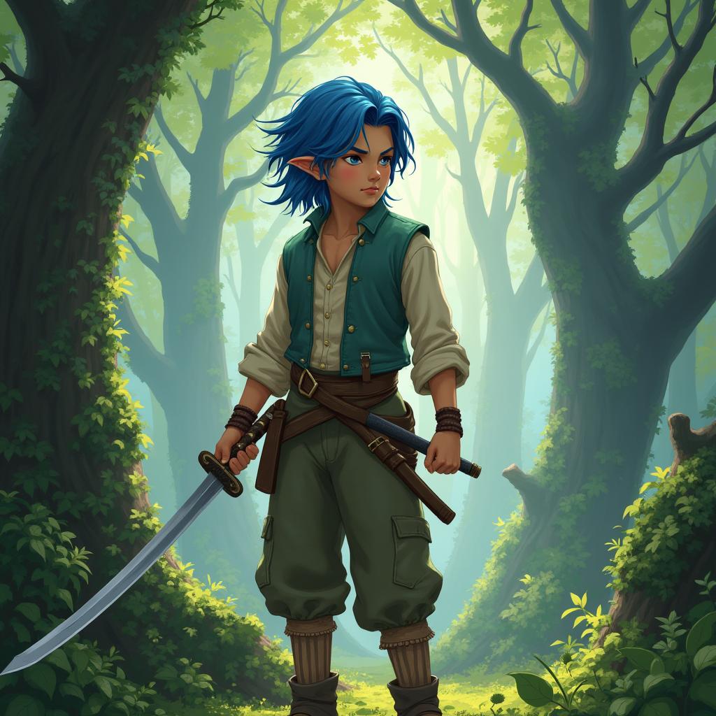 A fifteen-year-old half-elf with striking blue hair, standing confidently in a lush, enchanted forest
