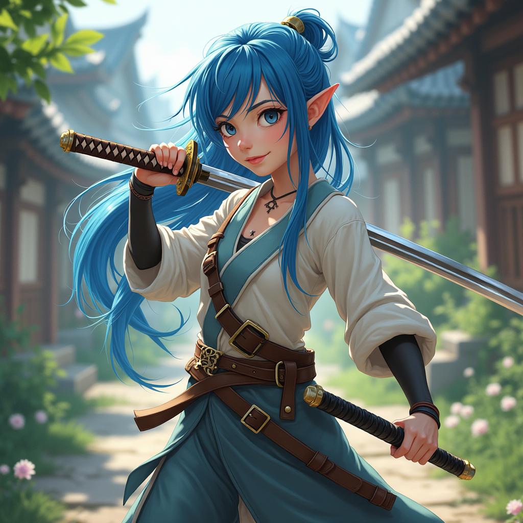 A fifteen-year-old female half-elf with striking blue hair, confidently wielding a katana