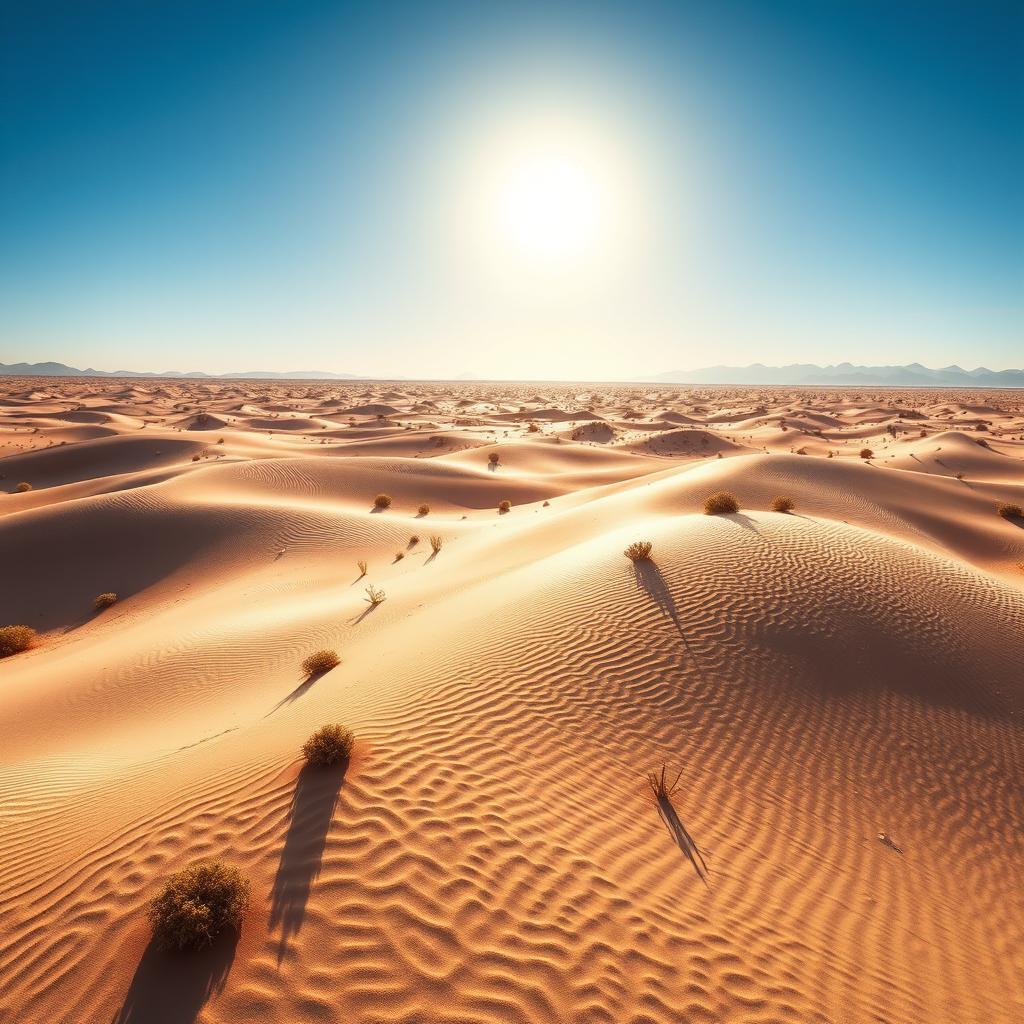 A stunning digital artwork depicting an expansive desert landscape under a bright blue sky