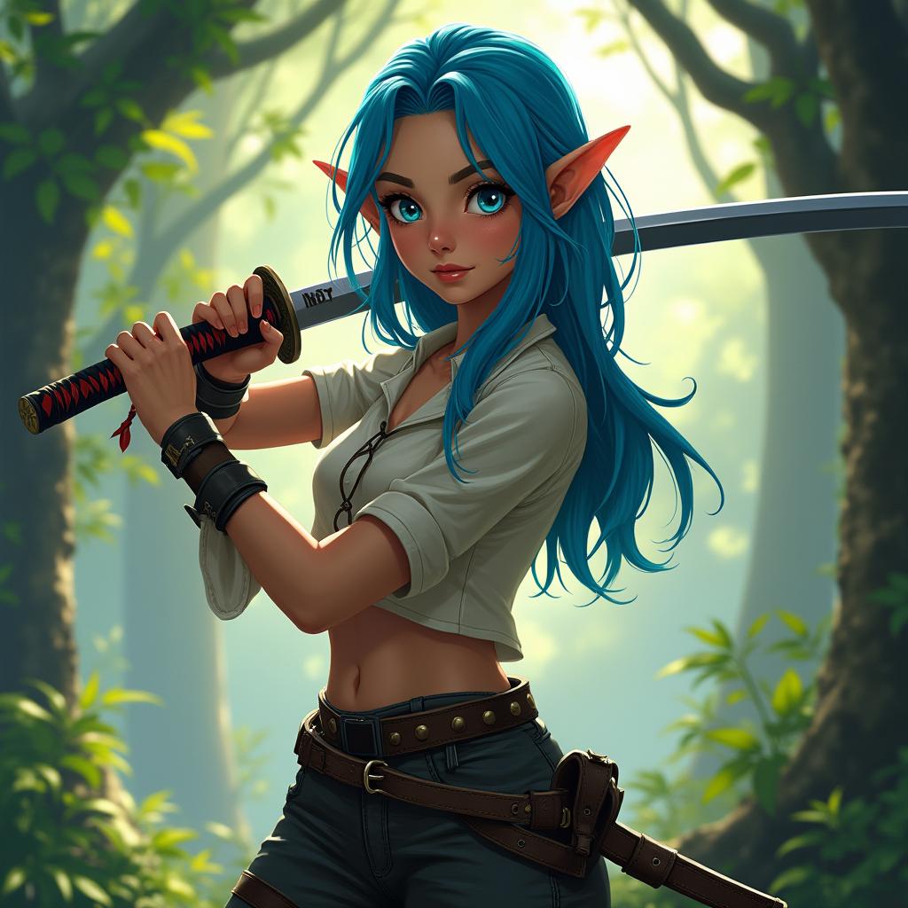 A fifteen-year-old female half-elf commoner with vibrant blue hair, posing confidently in a lush forest environment
