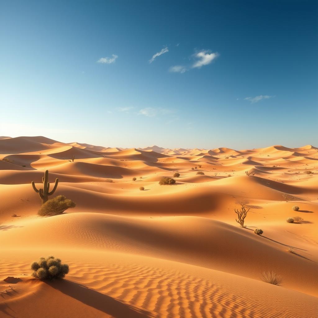 A stunningly vivid digital depiction of a vast desert landscape, characterized by endless stretches of golden sand dunes gently rolling under a bright blue sky