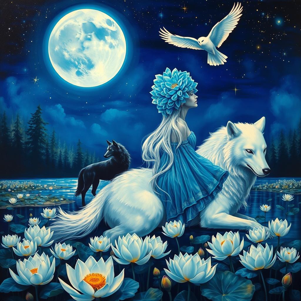 A vibrant and neon colored nighttime fairy landscape under a big blue moon