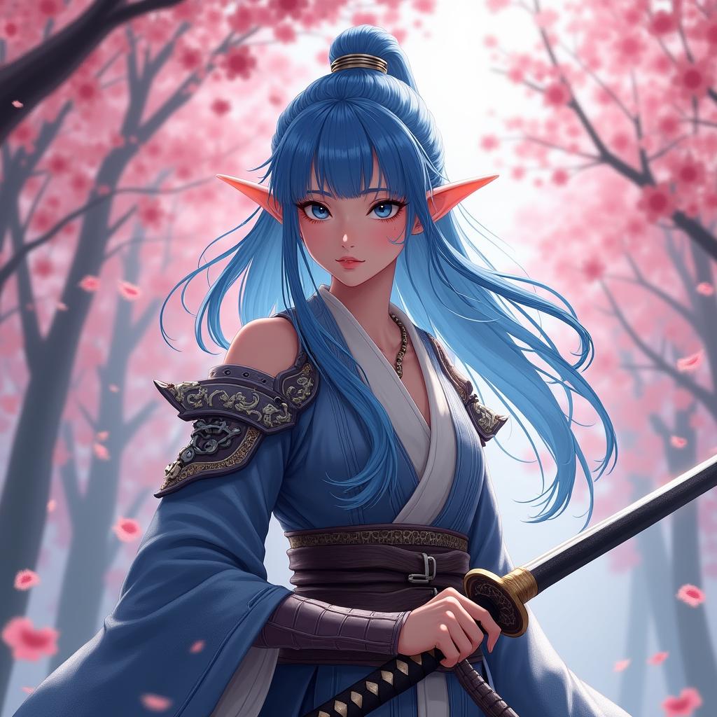 A fifteen-year-old female half-elf samurai with striking blue hair, poised elegantly in a serene Japanese-style environment