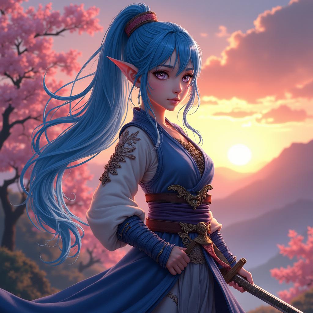 A fifteen-year-old female half-elf samurai, with striking blue hair flowing elegantly in the wind